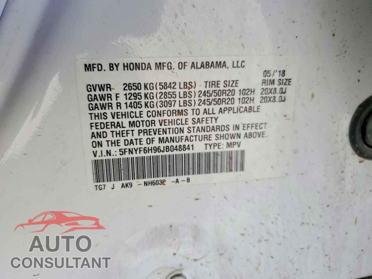 HONDA PILOT 2018 - 5FNYF6H96JB048841