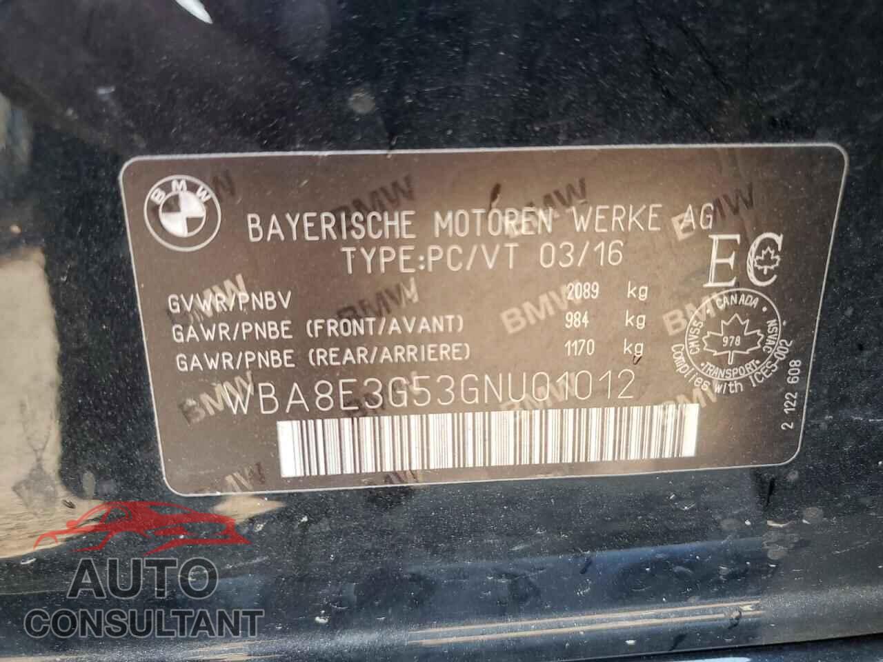 BMW 3 SERIES 2016 - WBA8E3G53GNU01012