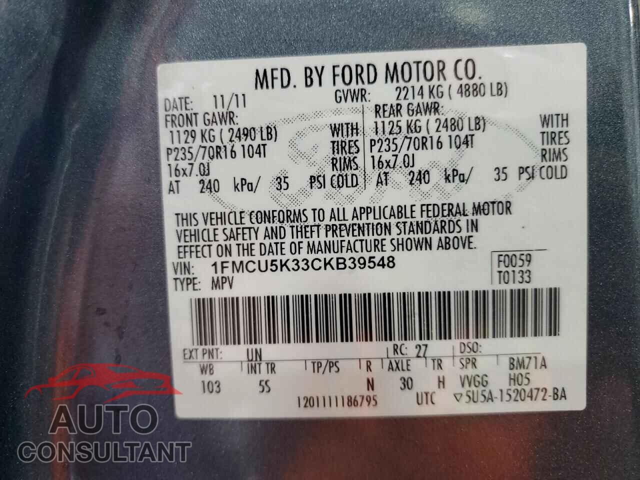 FORD ESCAPE 2012 - 1FMCU5K33CKB39548