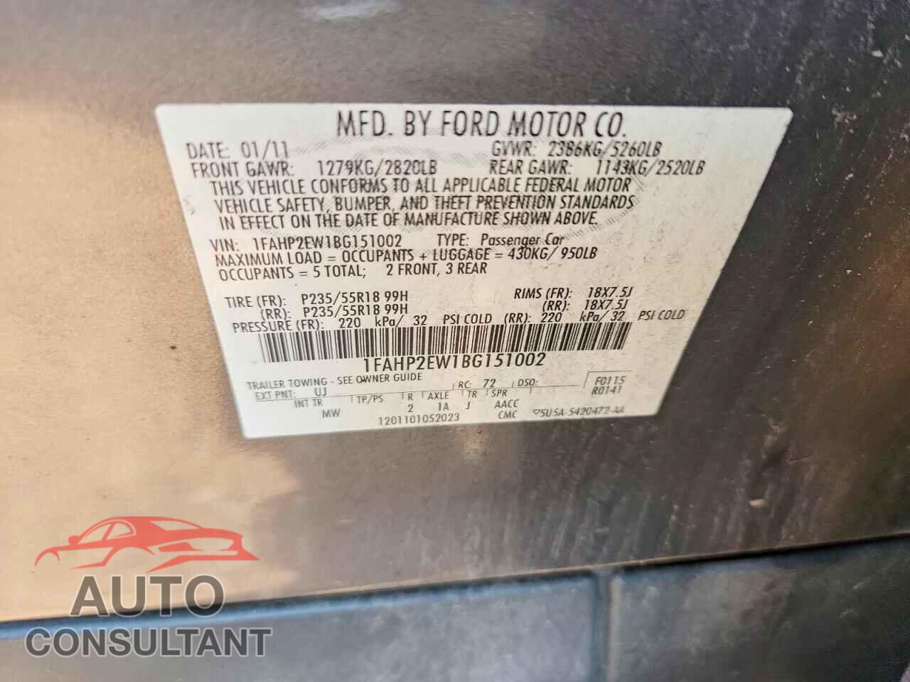 FORD TAURUS 2011 - 1FAHP2EW1BG151002