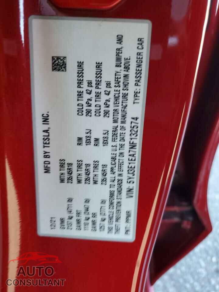 TESLA MODEL 3 2022 - 5YJ3E1EA7NF132574