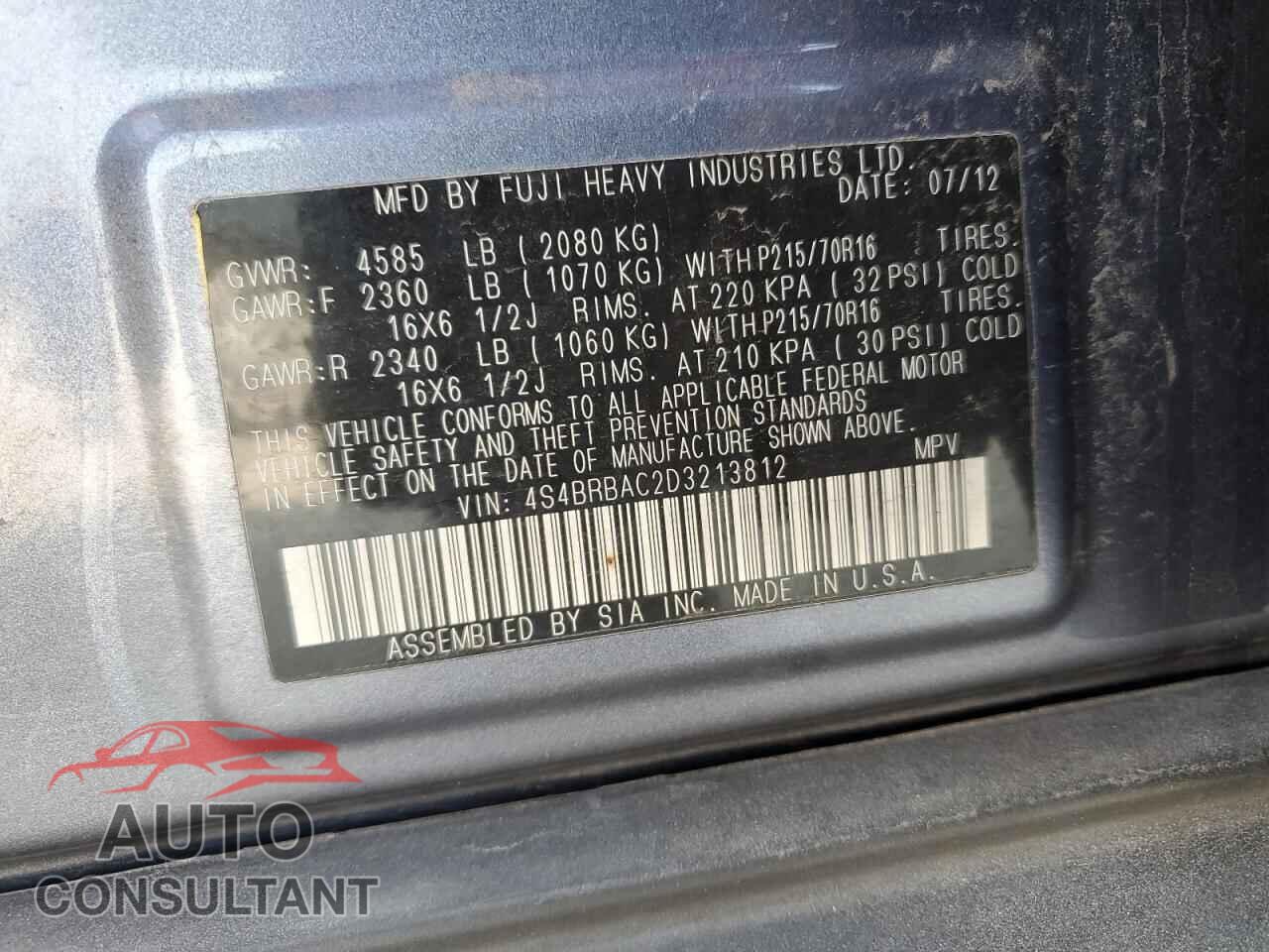 SUBARU OUTBACK 2013 - 4S4BRBAC2D3213812