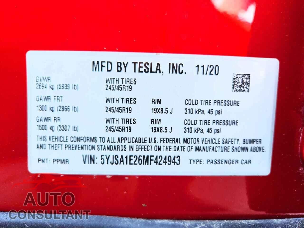 TESLA MODEL S 2021 - 5YJSA1E26MF424943