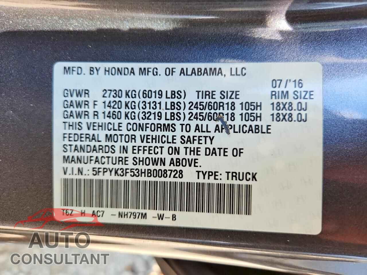 HONDA RIDGELINE 2017 - 5FPYK3F53HB008728