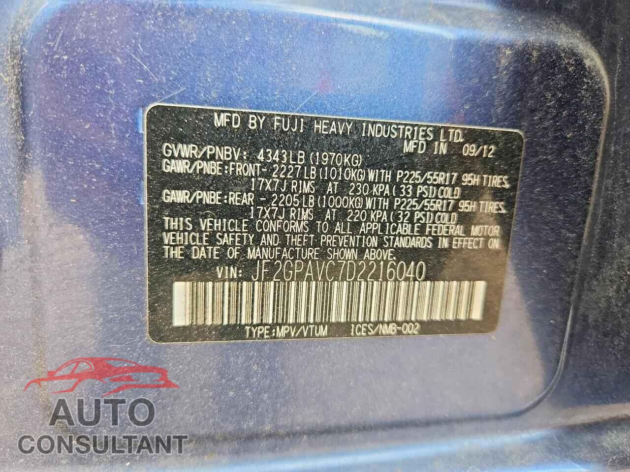 SUBARU XV 2013 - JF2GPAVC7D2216040
