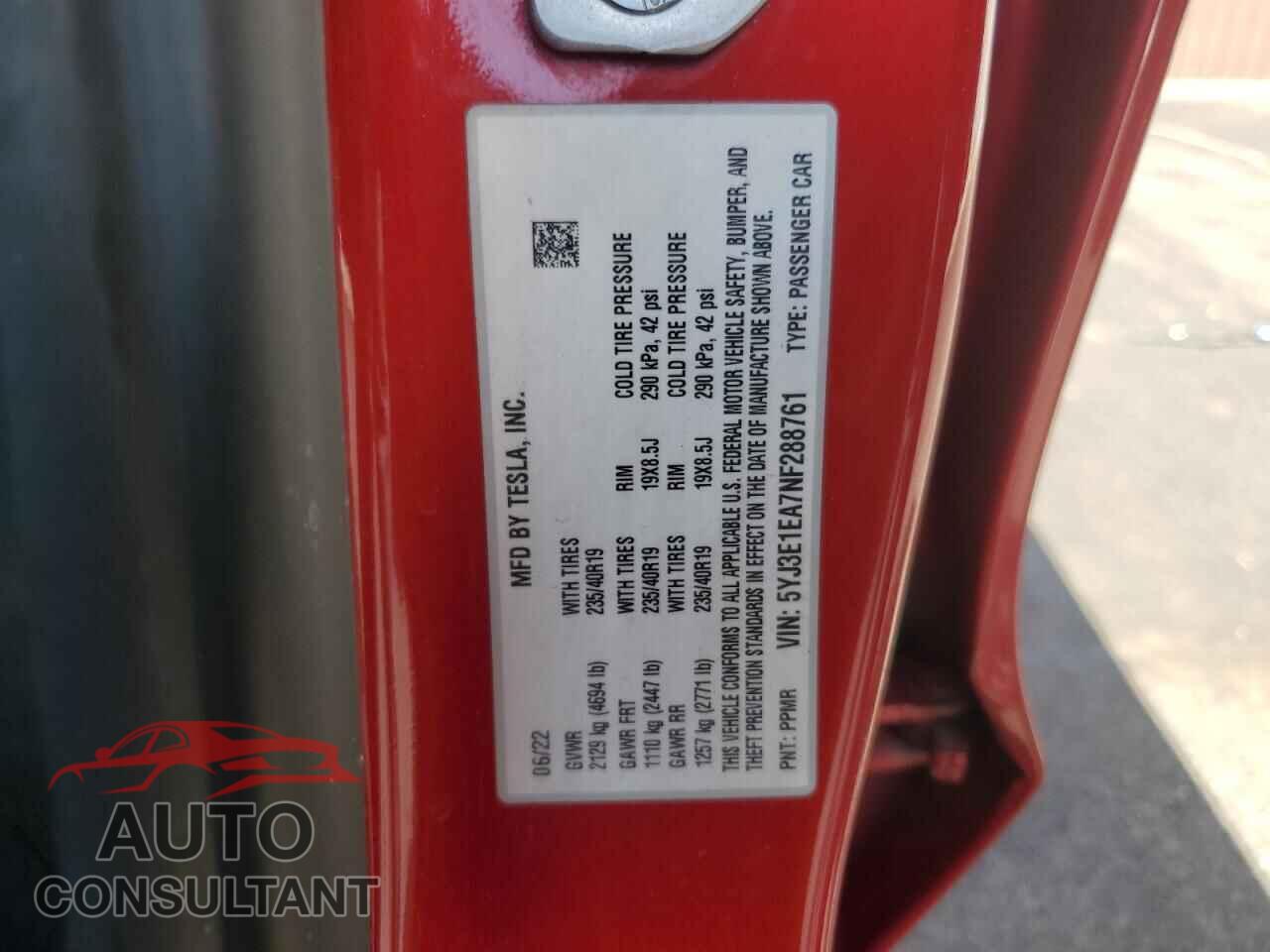 TESLA MODEL 3 2022 - 5YJ3E1EA7NF288761