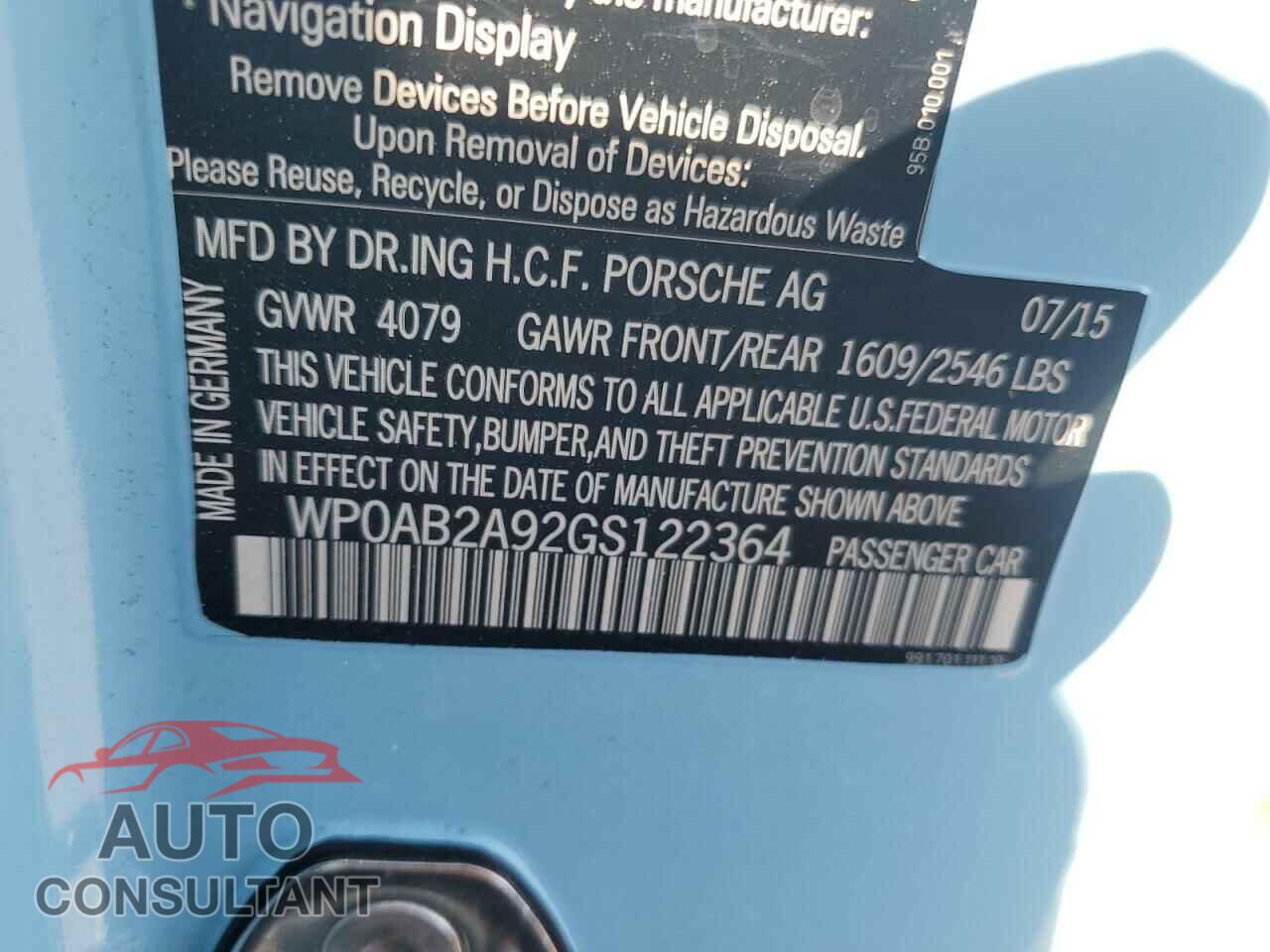 PORSCHE 911 2016 - WP0AB2A92GS122364
