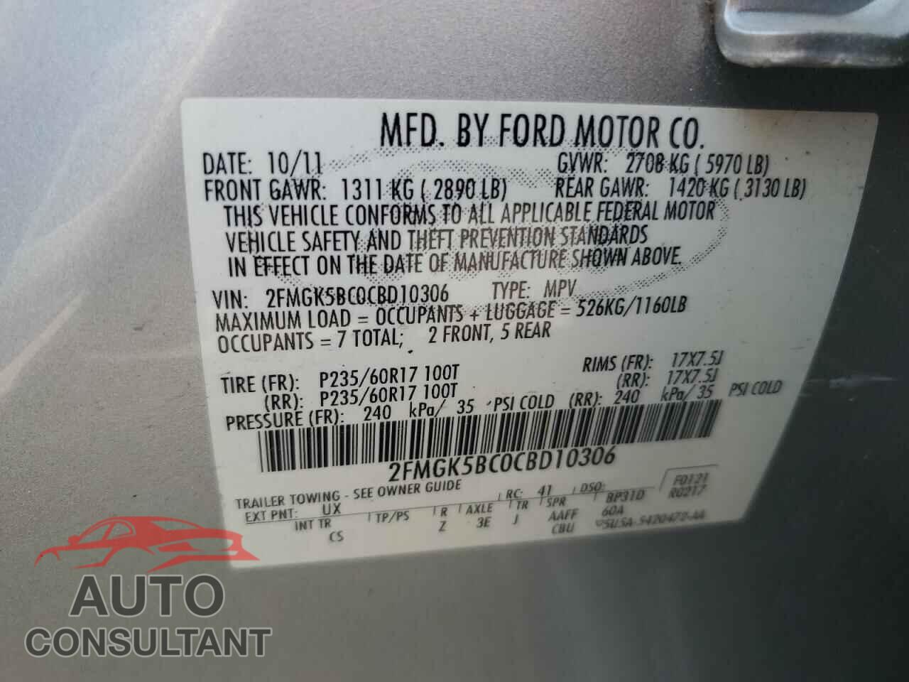 FORD FLEX 2012 - 2FMGK5BC0CBD10306