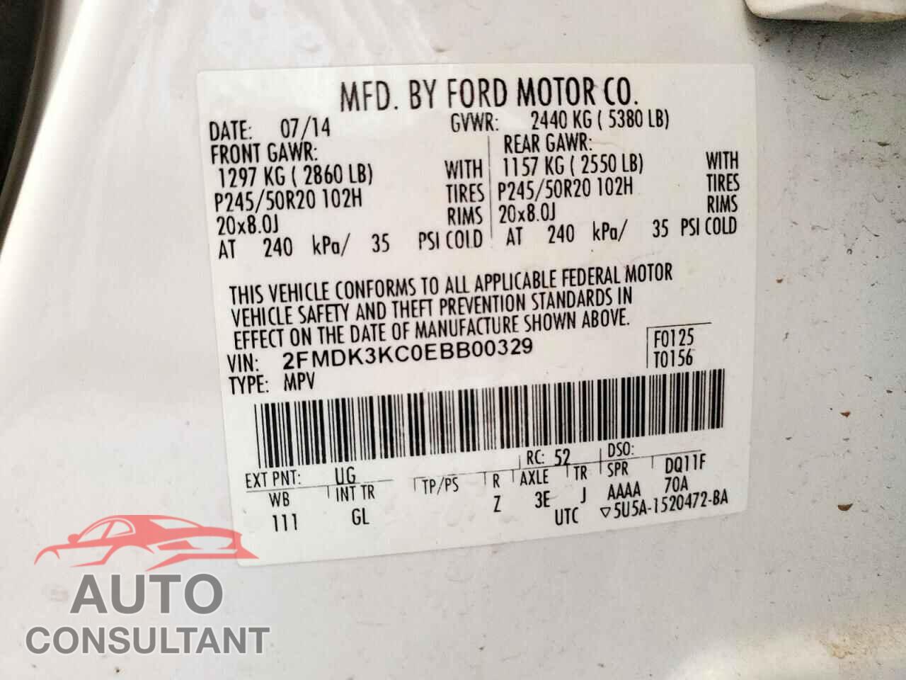 FORD EDGE 2014 - 2FMDK3KC0EBB00329