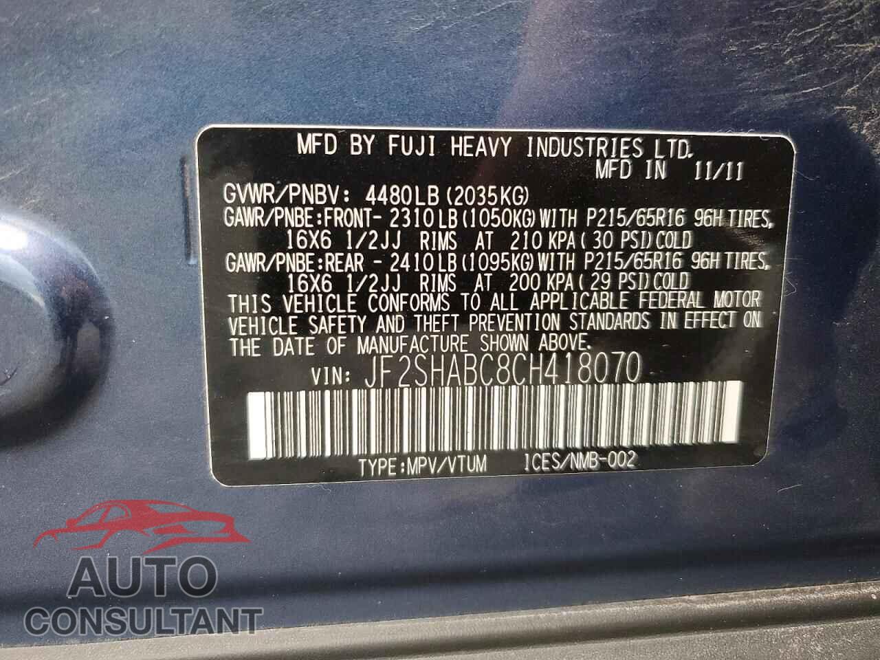 SUBARU FORESTER 2012 - JF2SHABC8CH418070