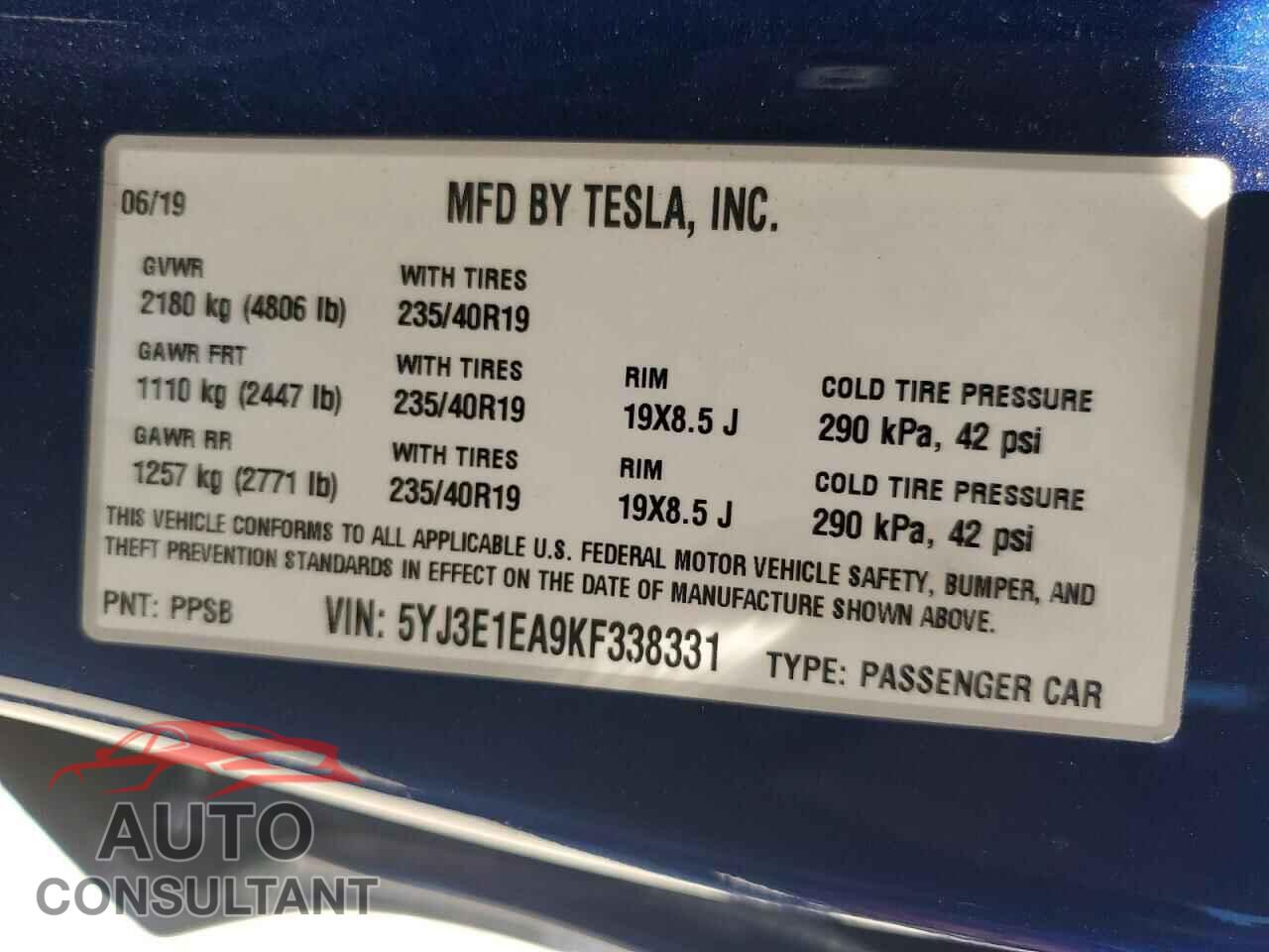 TESLA MODEL 3 2019 - 5YJ3E1EA9KF338331