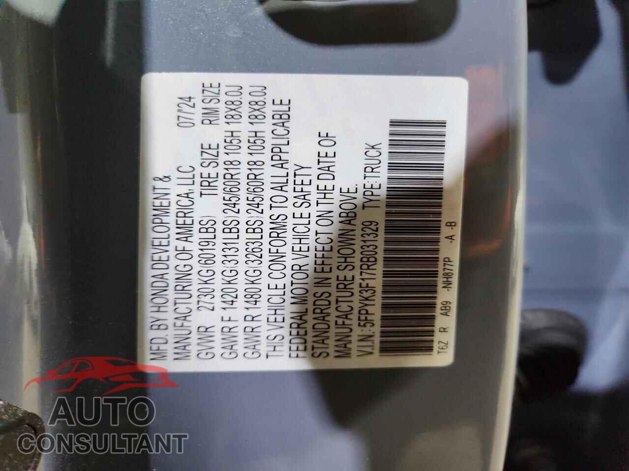 HONDA RIDGELINE 2024 - 5FPYK3F17RB031329