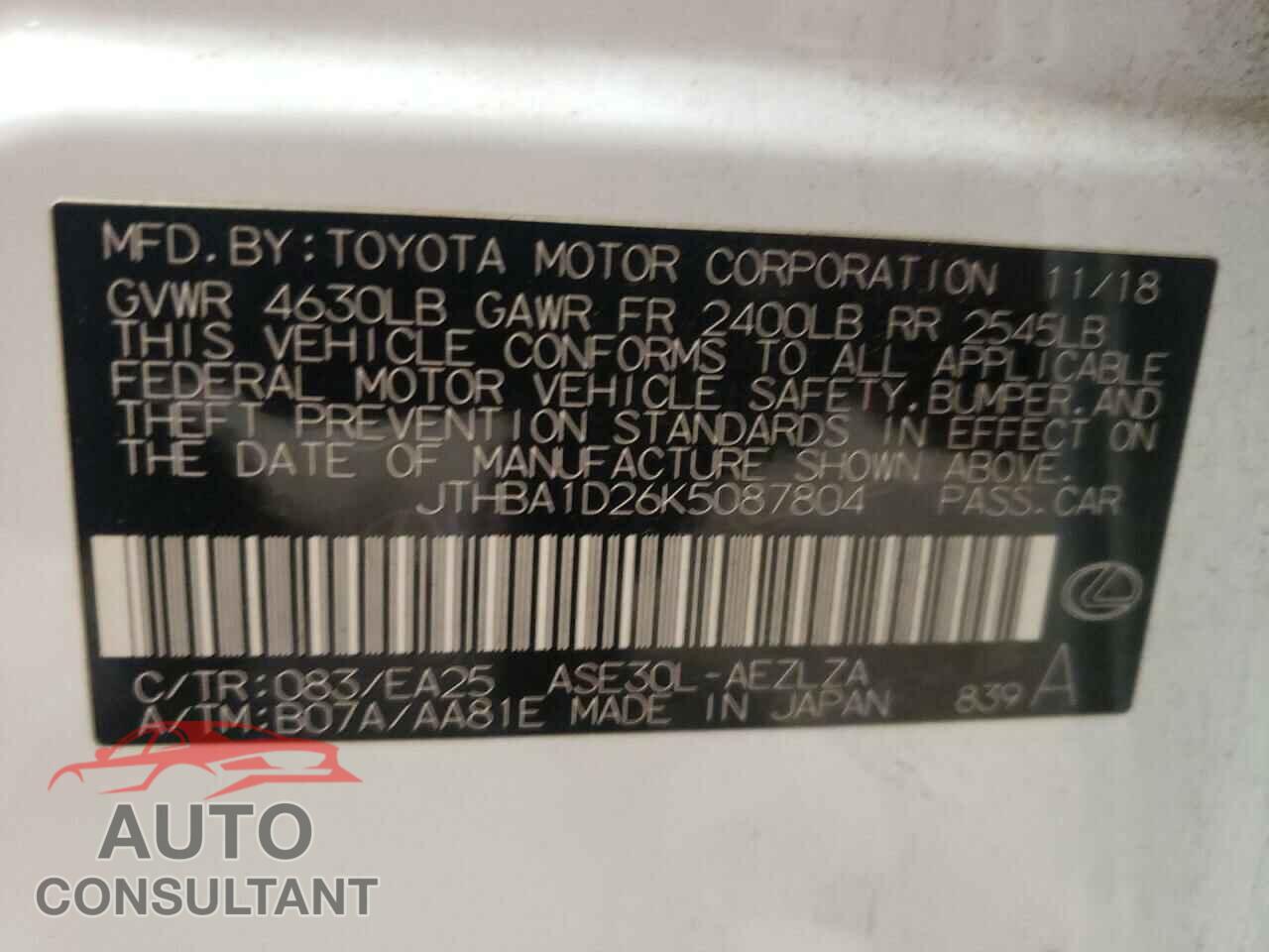 LEXUS IS 2019 - JTHBA1D26K5087804