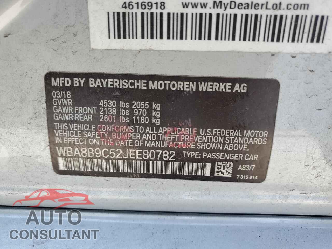 BMW 3 SERIES 2018 - WBA8B9C52JEE80782