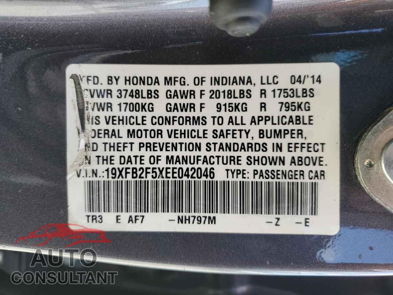 HONDA CIVIC 2014 - 19XFB2F5XEE042046
