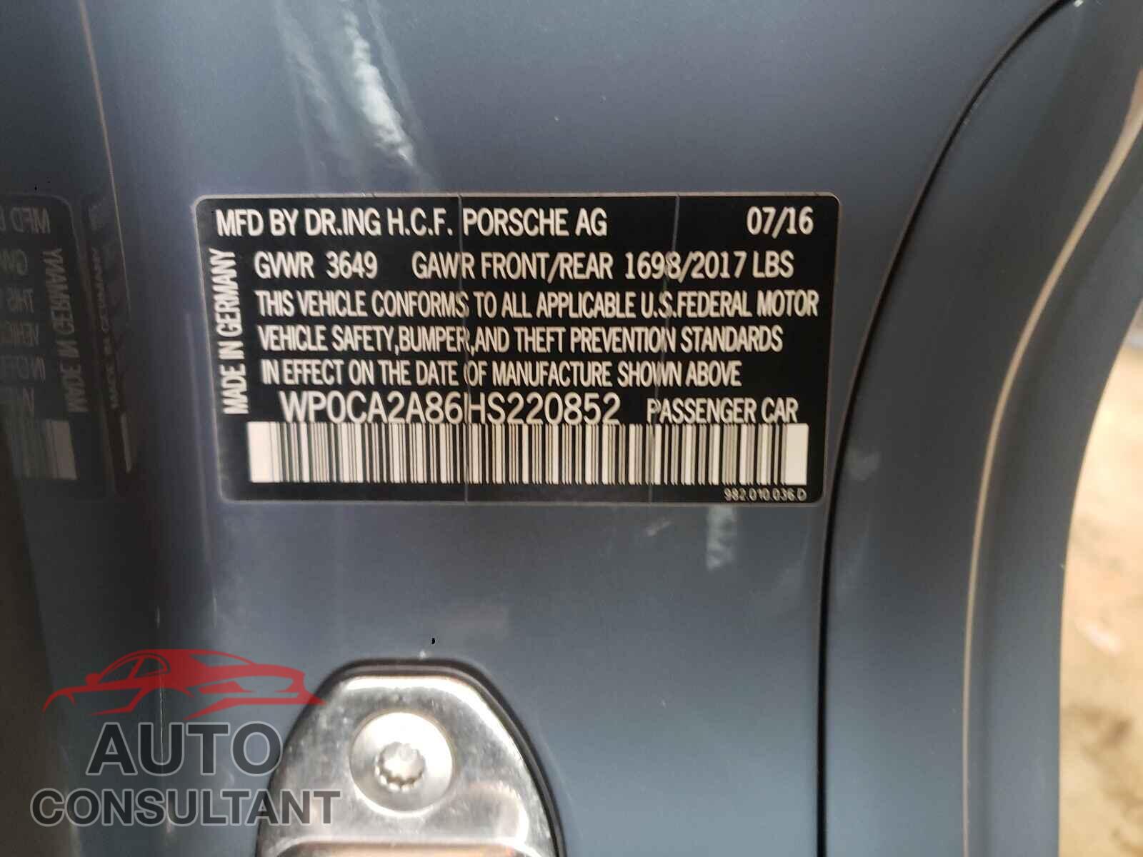 PORSCHE BOXSTER 2017 - WP0CA2A86HS220852
