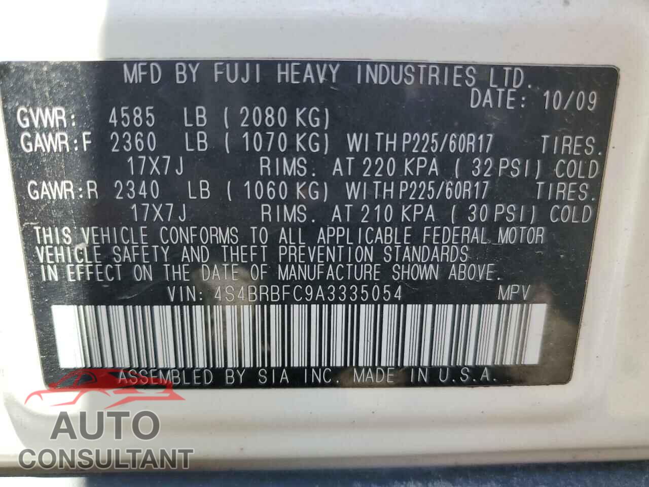 SUBARU OUTBACK 2010 - 4S4BRBFC9A3335054