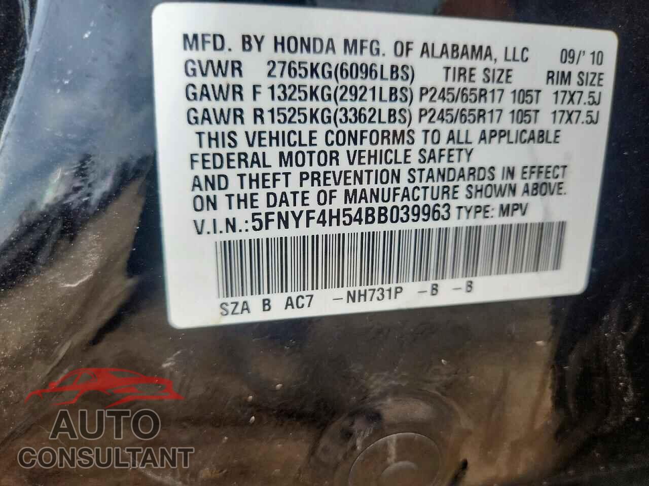 HONDA PILOT 2011 - 5FNYF4H54BB039963