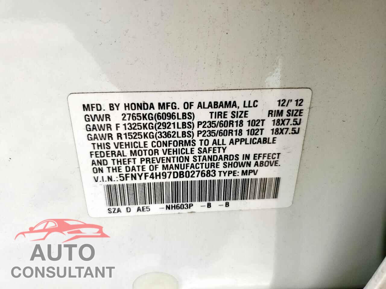 HONDA PILOT 2013 - 5FNYF4H97DB027683