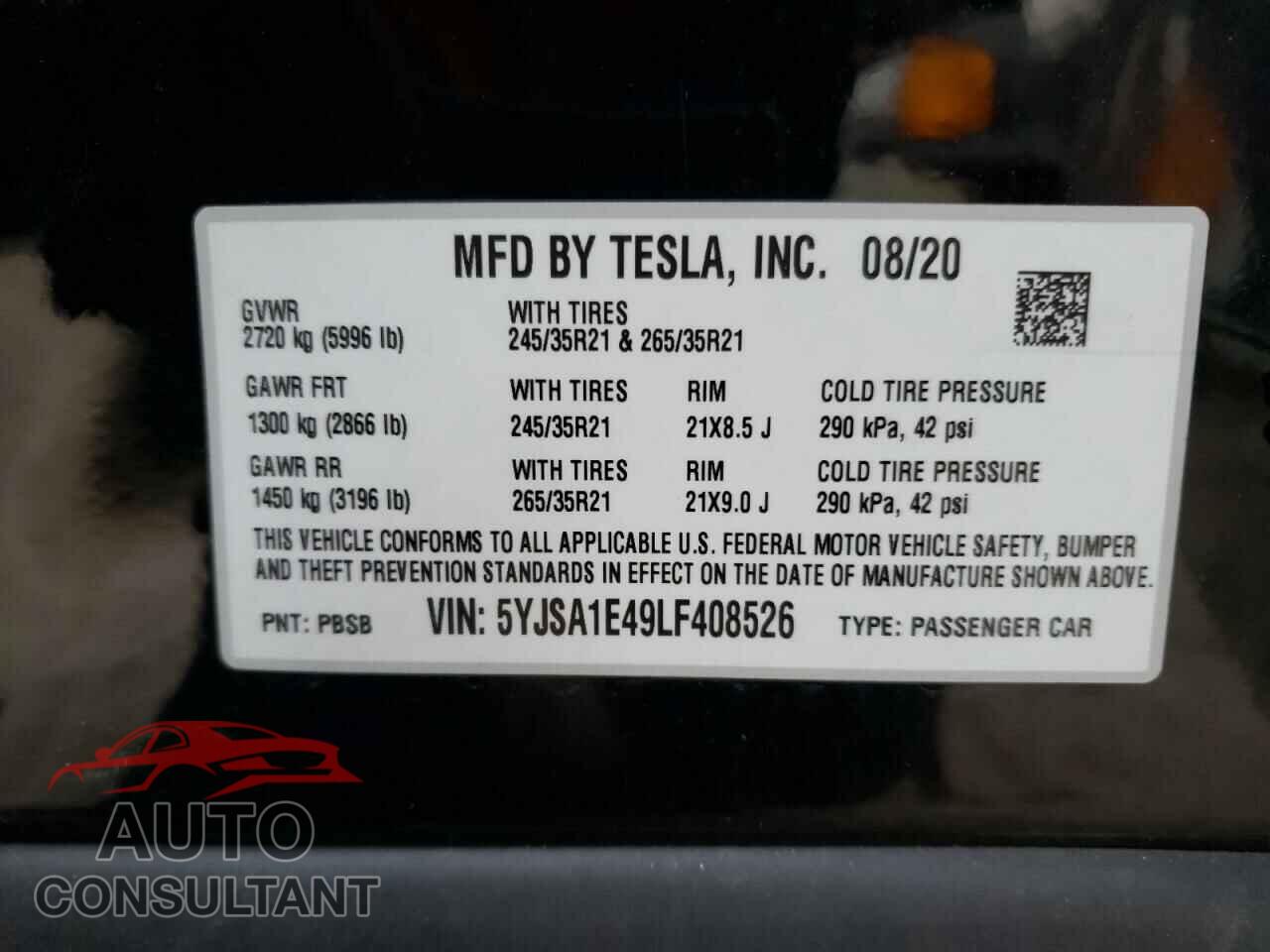 TESLA MODEL S 2020 - 5YJSA1E49LF408526
