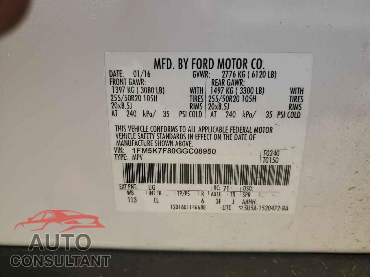 FORD EXPLORER 2016 - 1FM5K7F80GGC08950