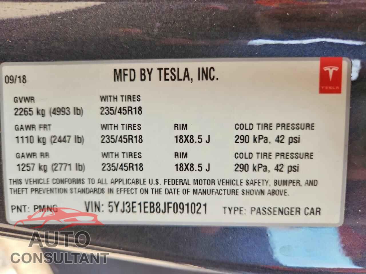 TESLA MODEL 3 2018 - 5YJ3E1EB8JF091021