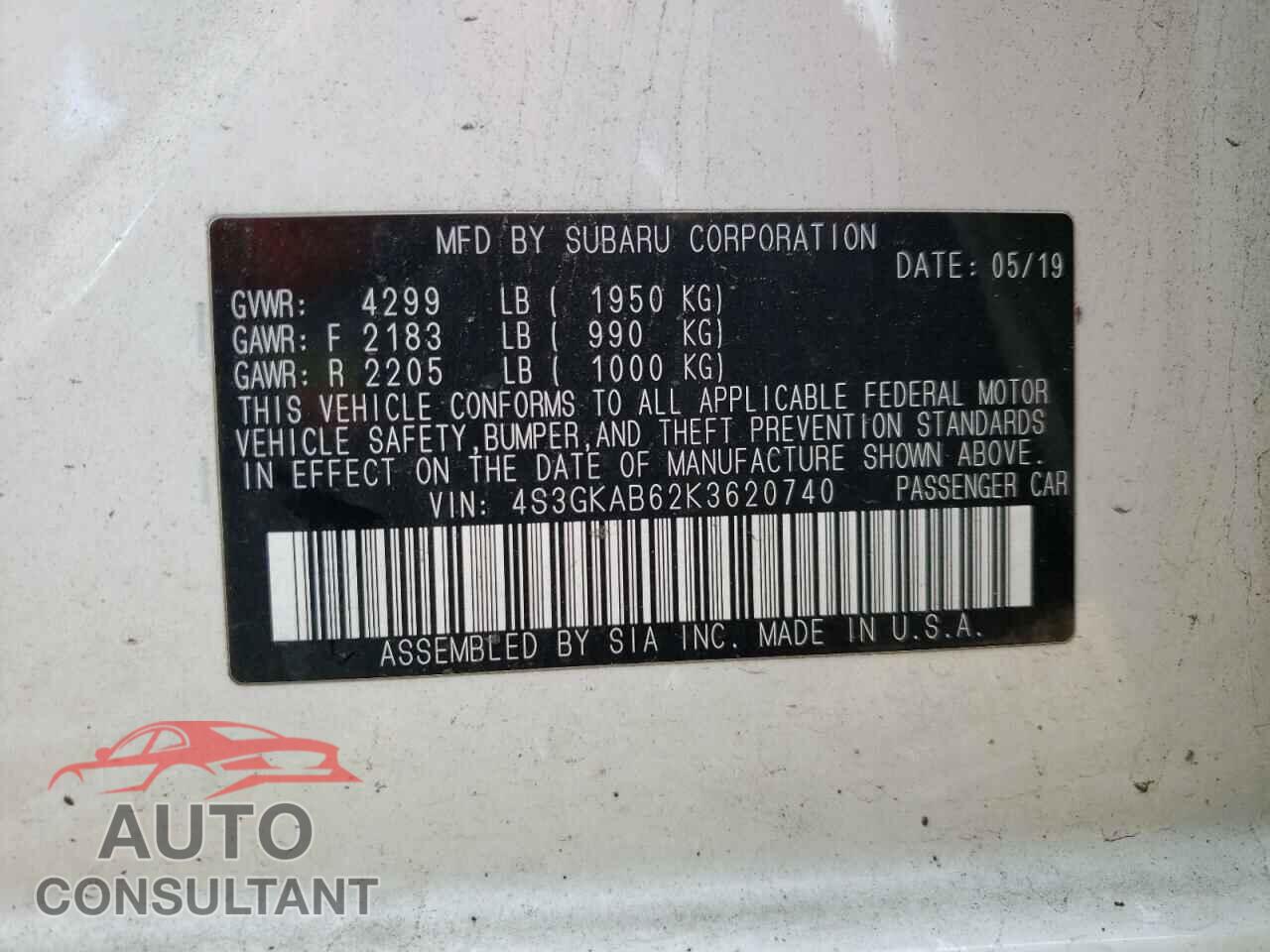 SUBARU IMPREZA 2019 - 4S3GKAB62K3620740