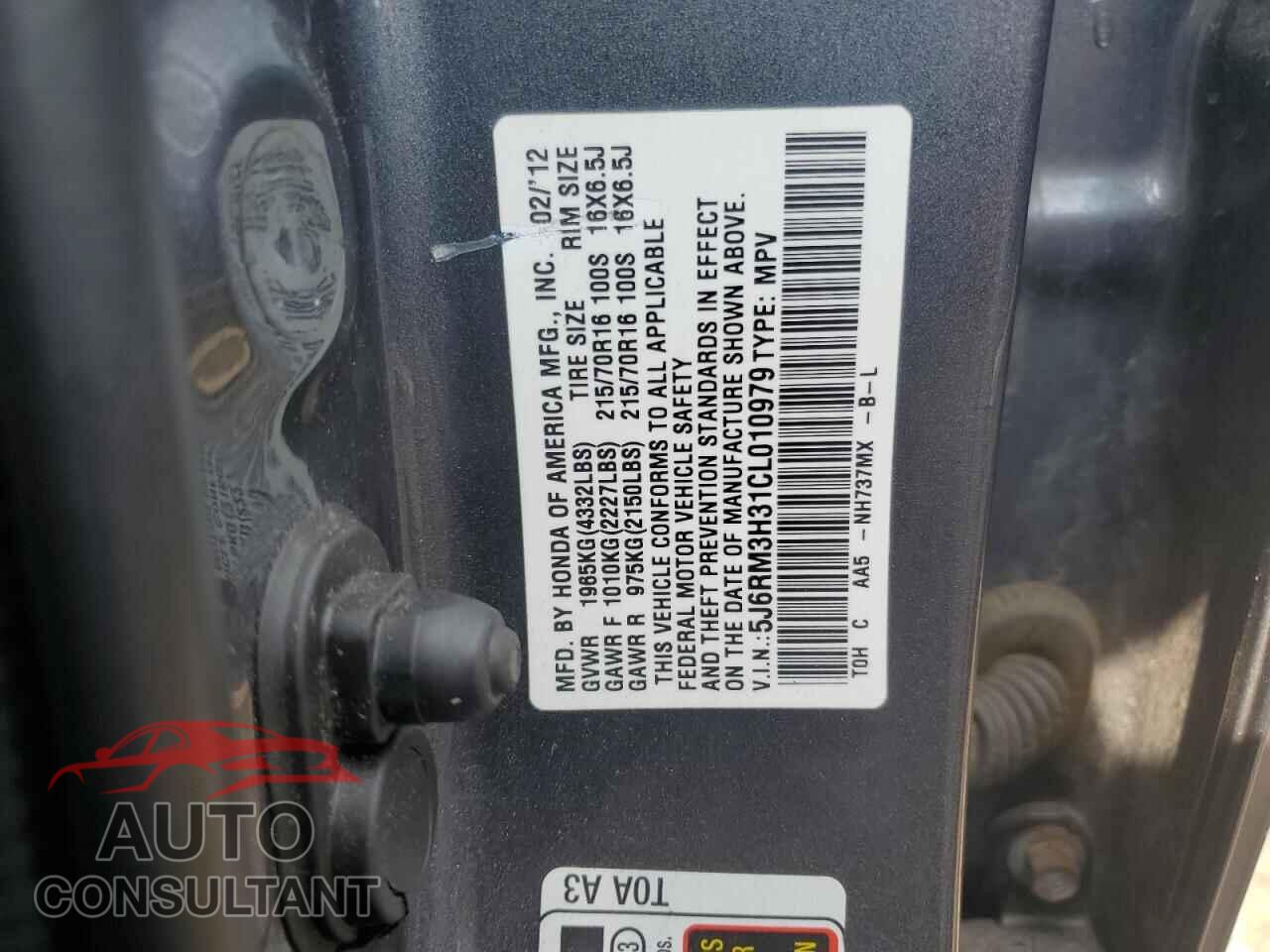 HONDA CRV 2012 - 5J6RM3H31CL010979