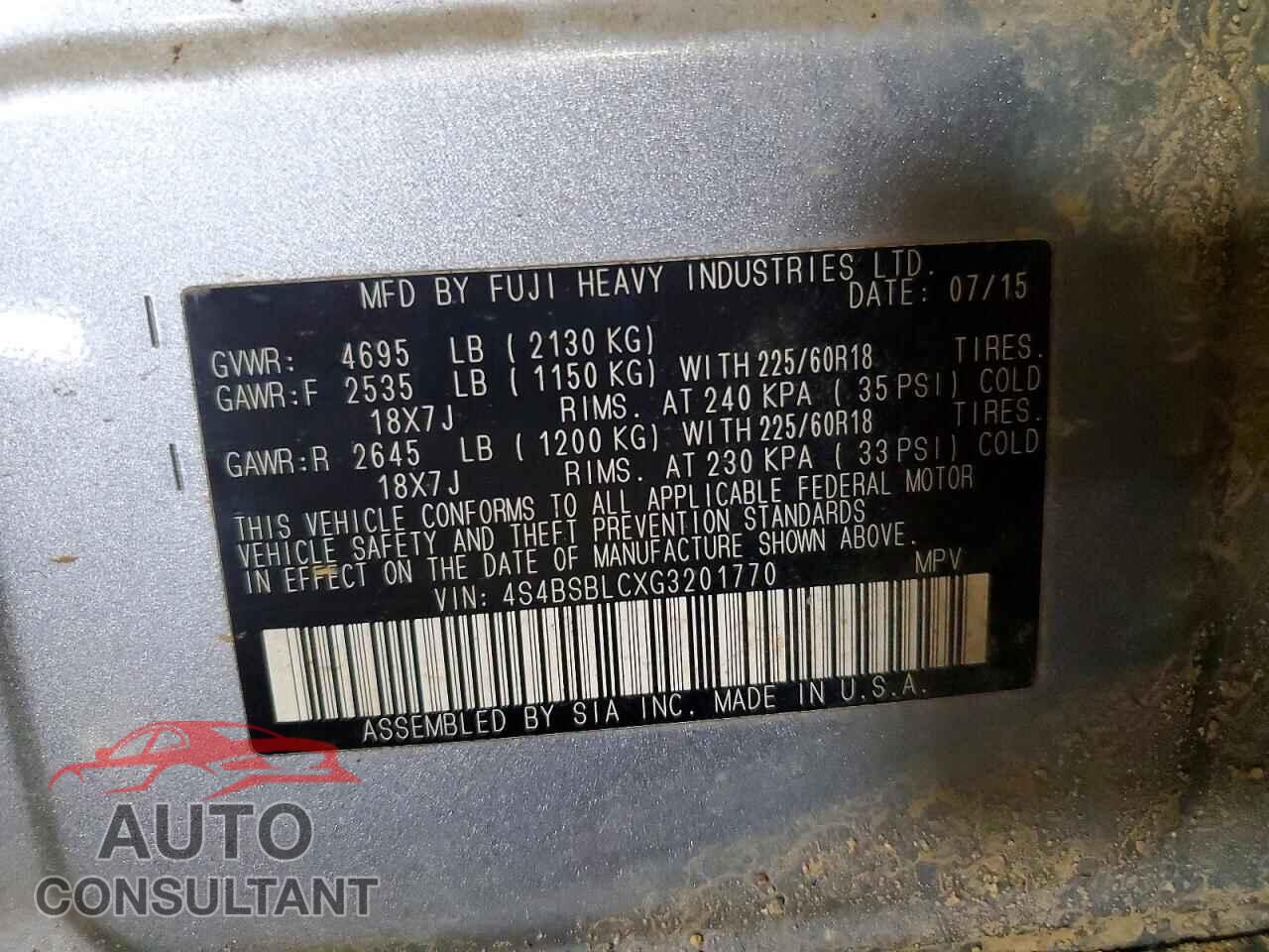 SUBARU OUTBACK 2016 - 4S4BSBLCXG3201770