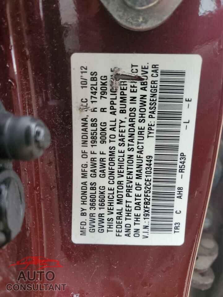 HONDA CIVIC 2012 - 19XFB2F52CE103449