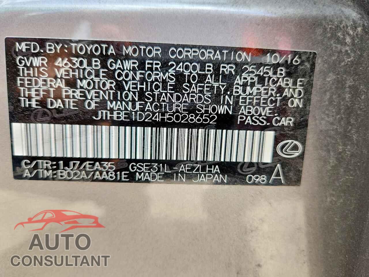 LEXUS IS 2017 - JTHBE1D24H5028652