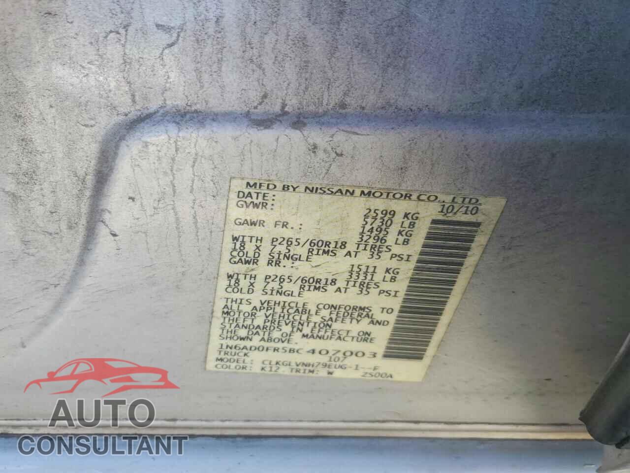 NISSAN FRONTIER 2011 - 1N6AD0FR5BC407003