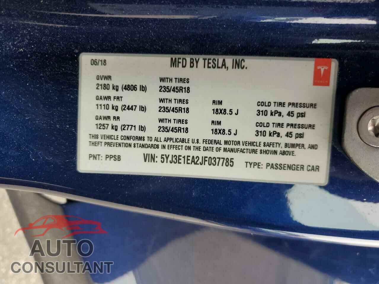 TESLA MODEL 3 2018 - 5YJ3E1EA2JF037785