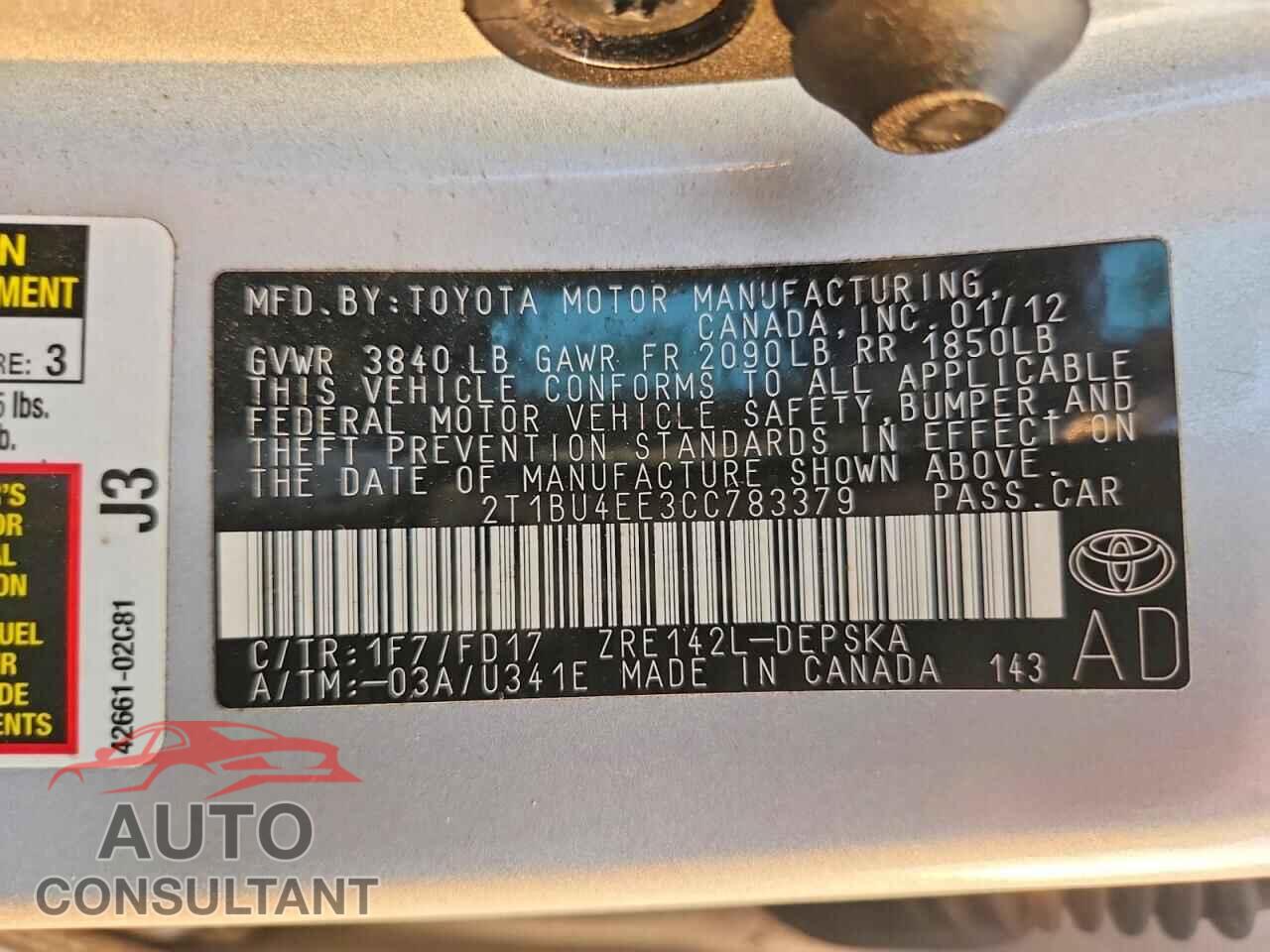 TOYOTA COROLLA 2012 - 2T1BU4EE3CC783379
