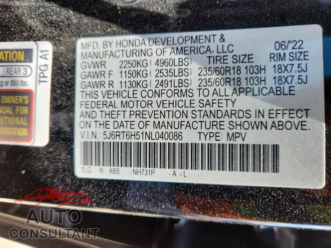 HONDA CRV 2022 - 5J6RT6H51NL040086
