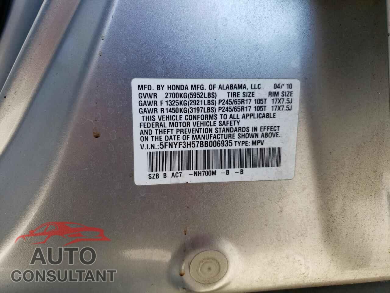 HONDA PILOT 2011 - 5FNYF3H57BB006935
