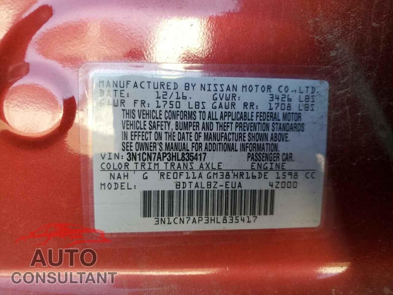 NISSAN VERSA 2017 - 3N1CN7AP3HL835417