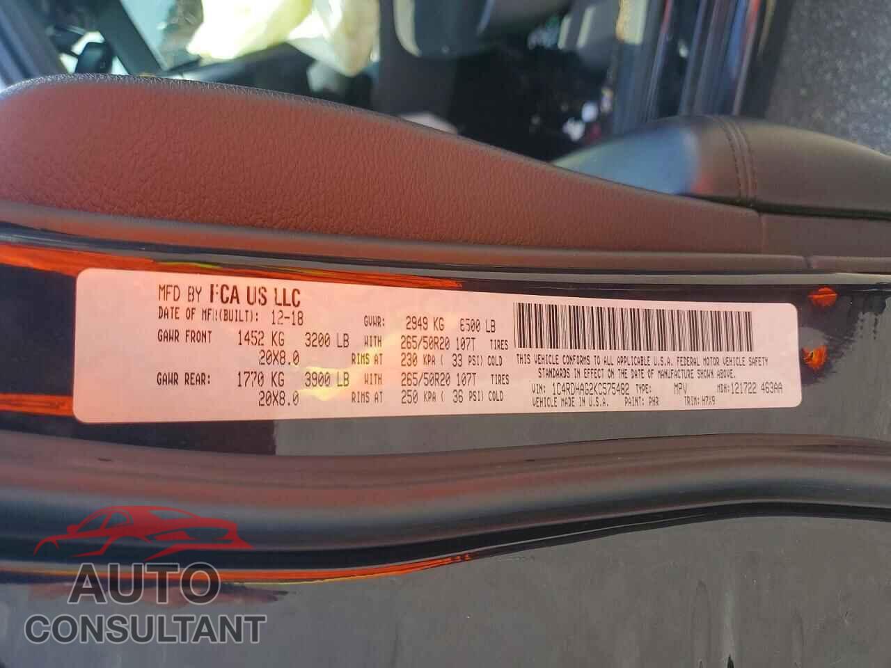 DODGE DURANGO 2019 - 1C4RDHAG2KC575482