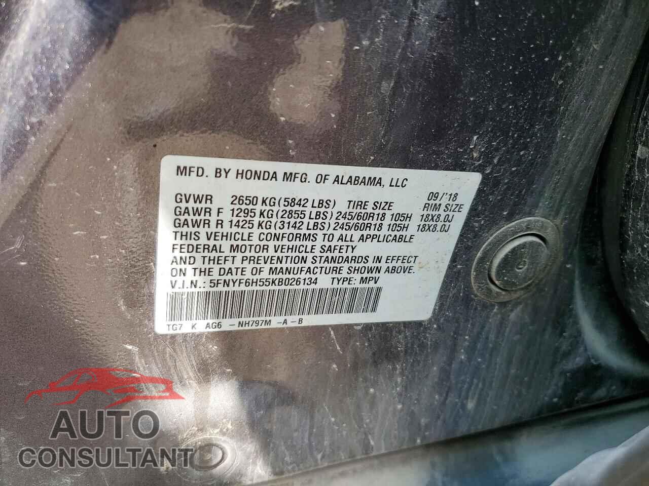 HONDA PILOT 2019 - 5FNYF6H55KB026134