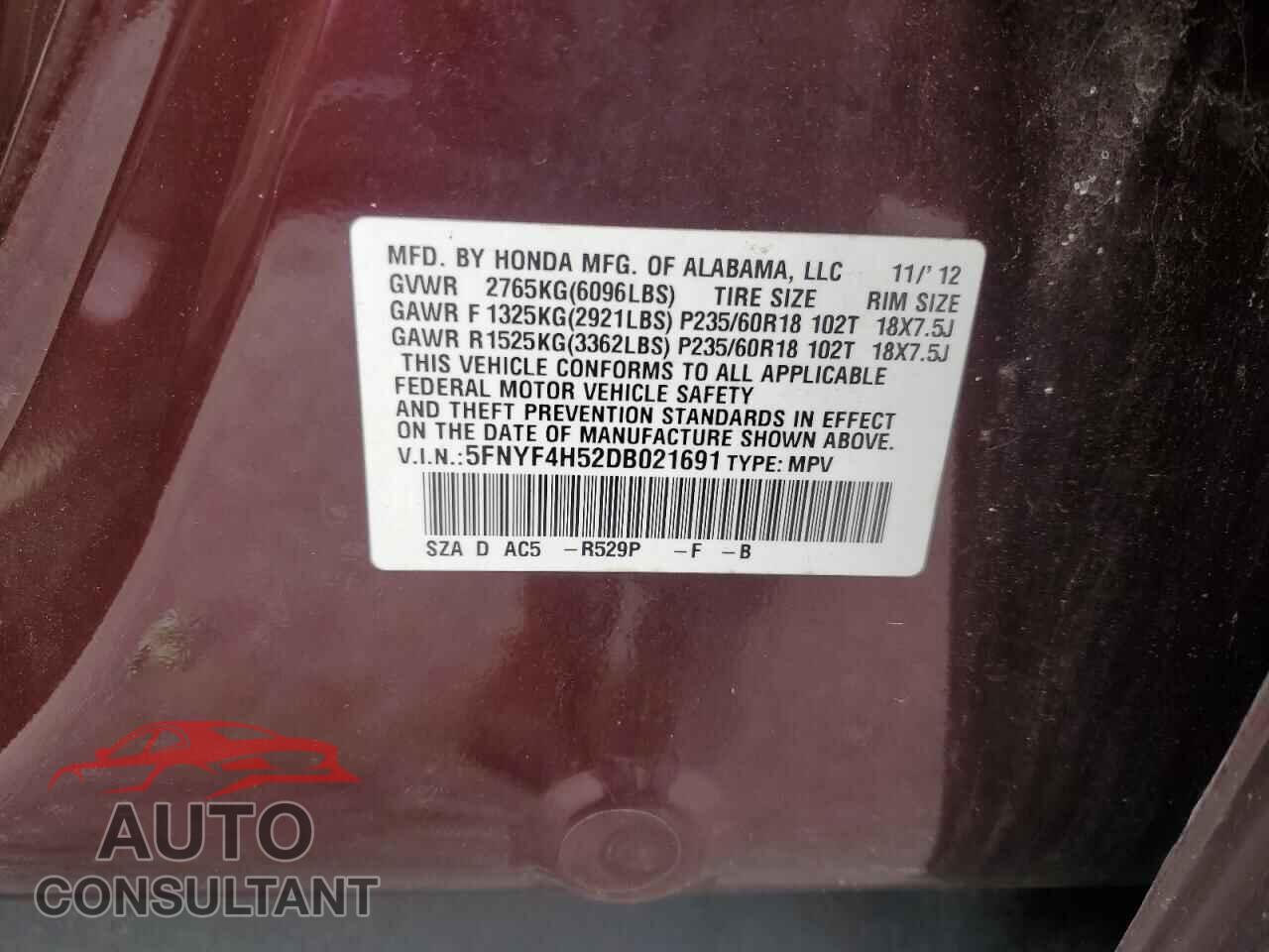 HONDA PILOT 2013 - 5FNYF4H52DB021691