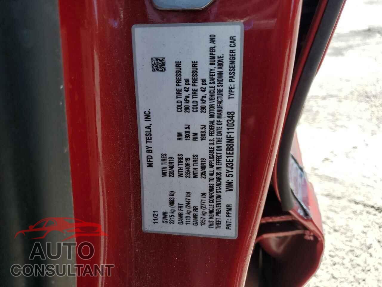 TESLA MODEL 3 2022 - 5YJ3E1EB8NF110348