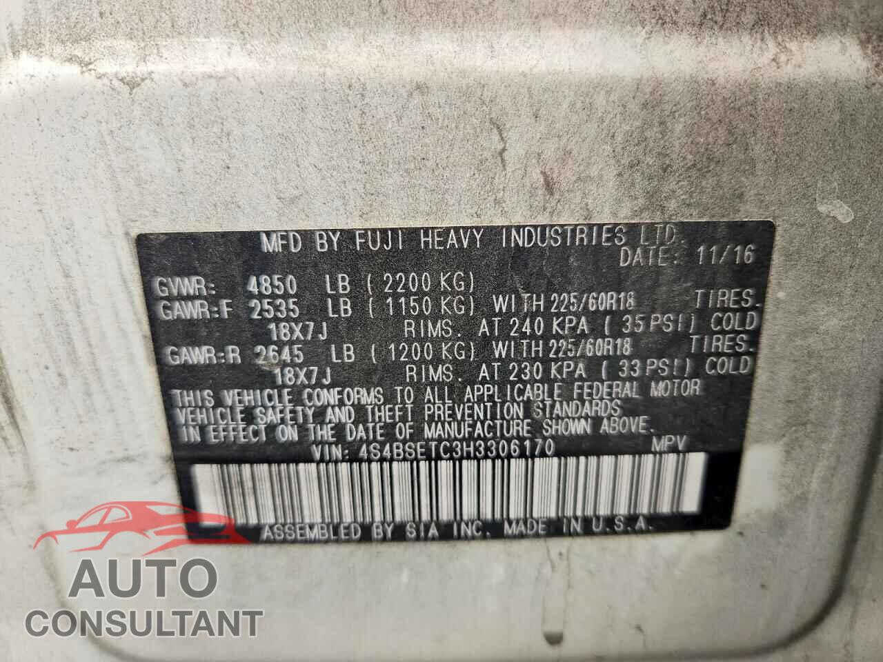 SUBARU OUTBACK 2017 - 4S4BSETC3H3306170