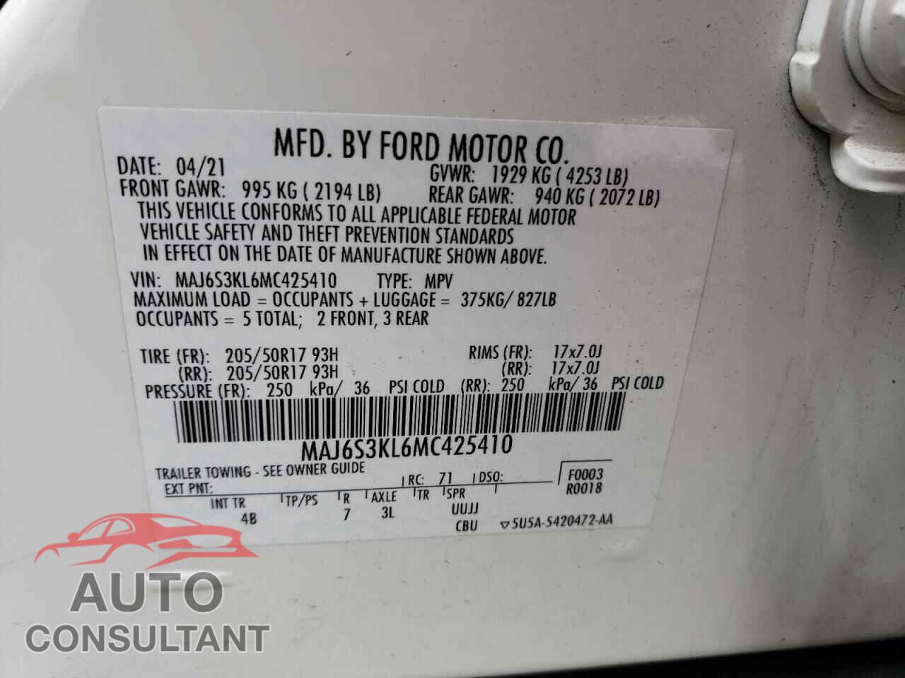 FORD ECOSPORT 2021 - MAJ6S3KL6MC425410