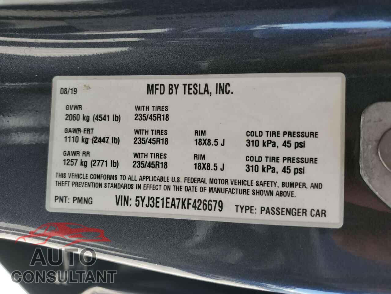 TESLA MODEL 3 2019 - 5YJ3E1EA7KF426679