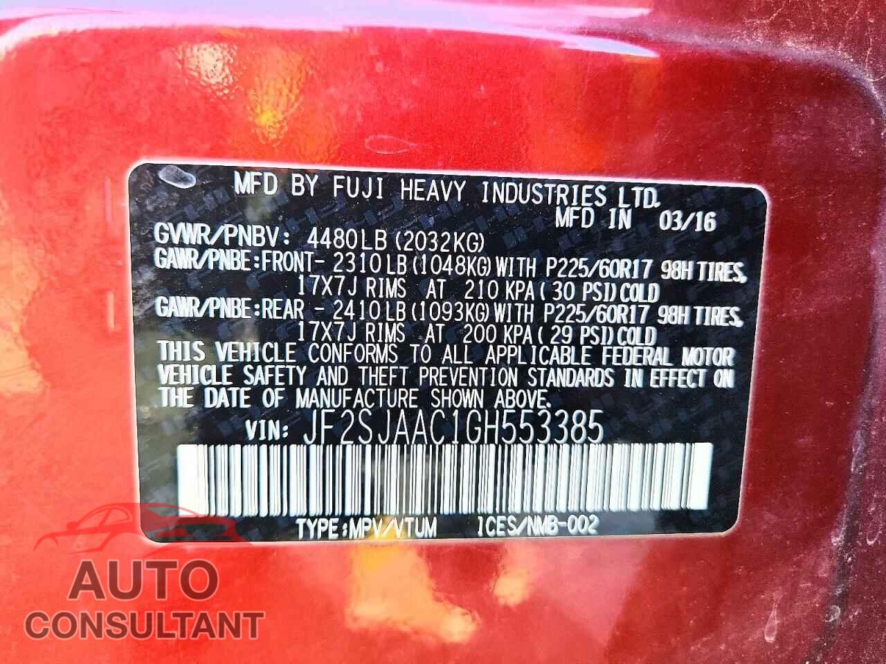 SUBARU FORESTER 2016 - JF2SJAAC1GH553385
