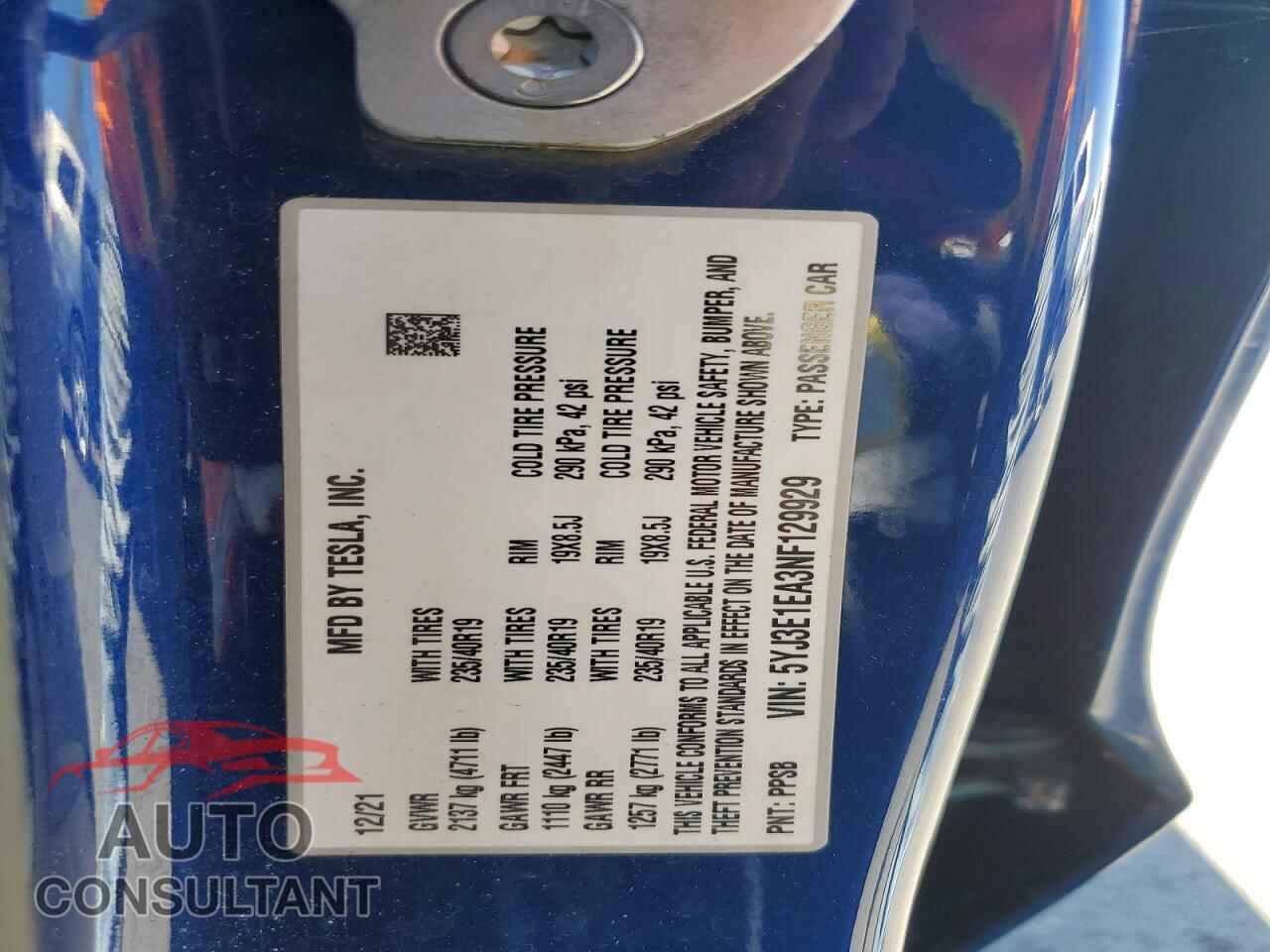 TESLA MODEL 3 2022 - 5YJ3E1EA3NF129929