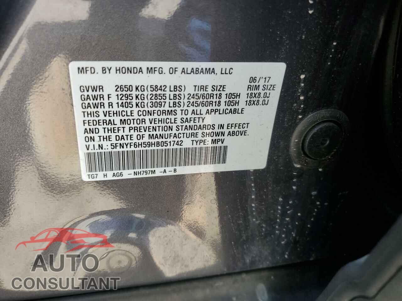 HONDA PILOT 2017 - 5FNYF6H59HB051742