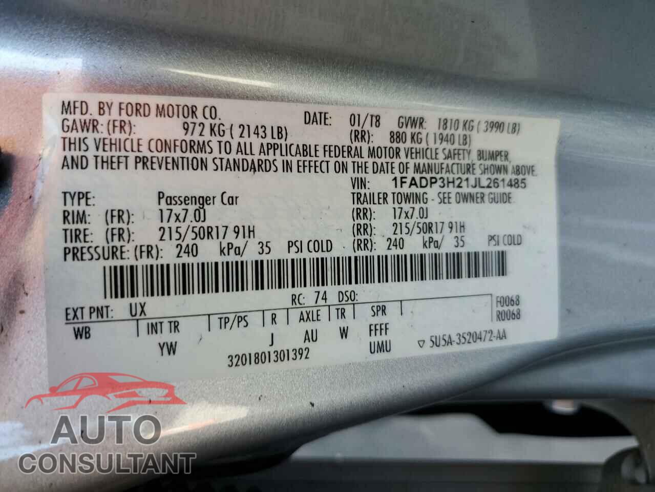 FORD FOCUS 2018 - 1FADP3H21JL261485