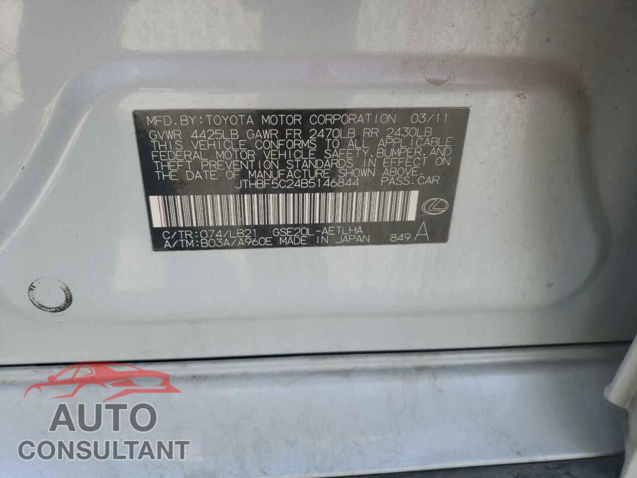 LEXUS IS 2011 - JTHBF5C24B5146844