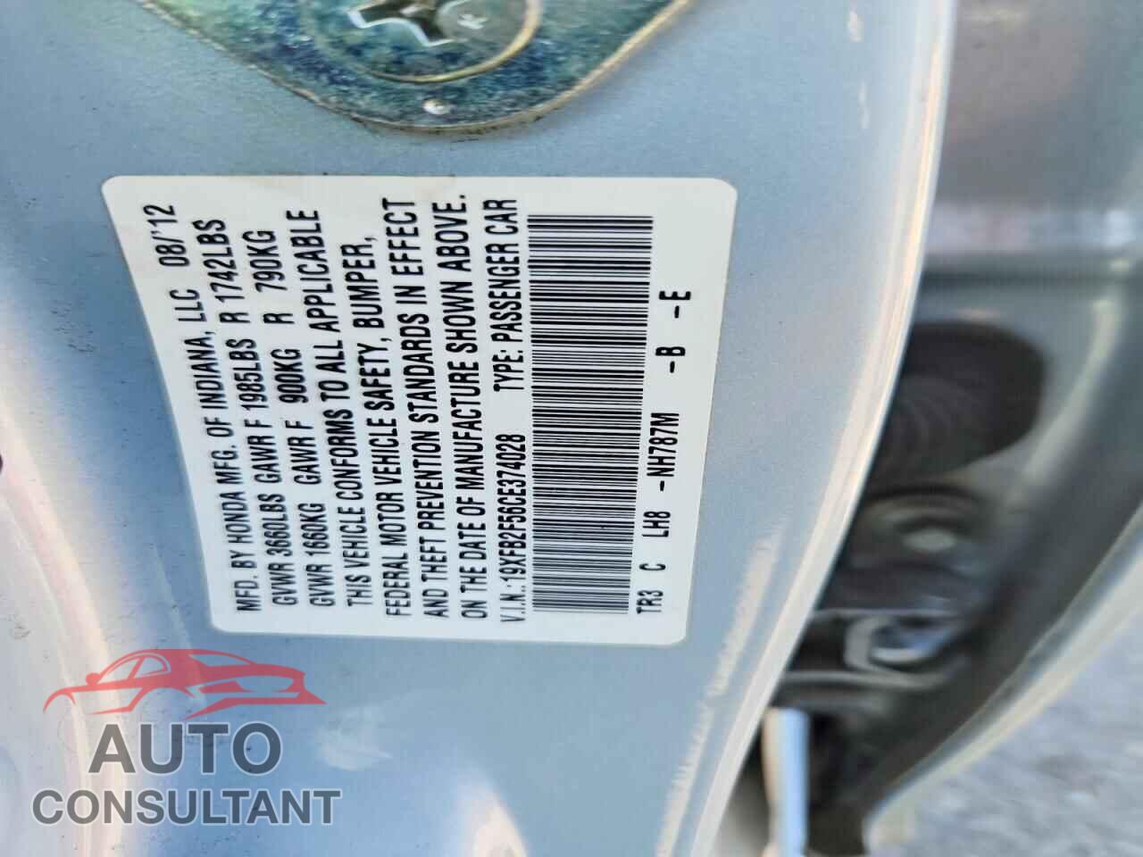 HONDA CIVIC 2012 - 19XFB2F56CE374028